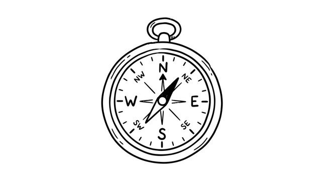 Vintage navigation compass sketch illustration with black outline for travel adventures exploration maritime activities orientation tasks and map reading tools.