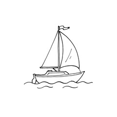 Sailing boat floating on stylized wavy water featuring mast sail and small flag for maritime travel adventure or summer vacation theme related design concepts. © Mr WaQaS