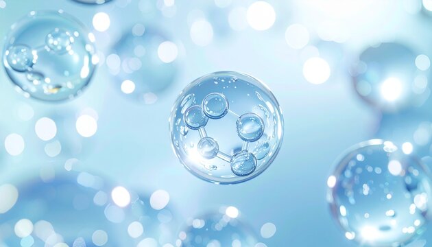 透明な分子構造と水滴が浮遊する美容液のマクロイメージ、スキンケア成分の潤いと透明感を表現した爽やかなブルー背景、ジェネレーティブAI