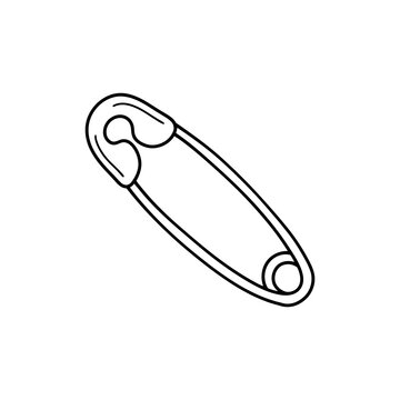 Safety pin metal fastening tool drawn with clean black lines for textile garment modification and household repair use cases presented on transparent background.