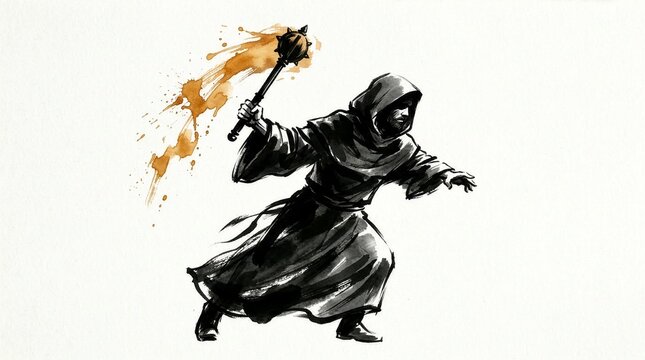 Sumi-e style illustration of a hooded man swinging a mace