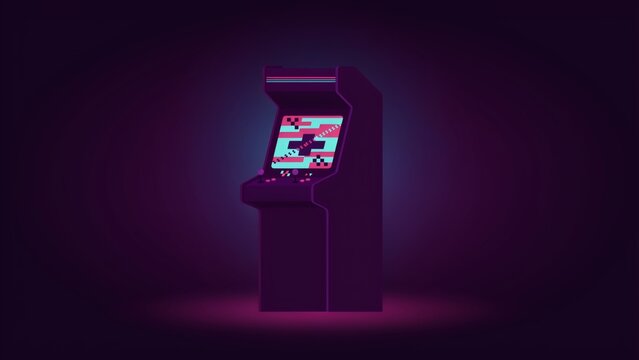 A vintage arcade cabinet machine glowing with neon colors in a dark purple gradient background with cabinet stands illuminated colorful pixelated screen