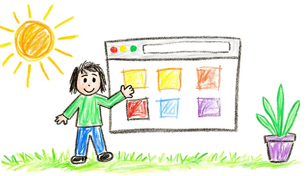 Child draws cartoon boy next to website interface with colorful squares.