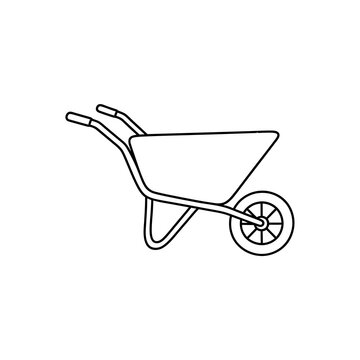 Black outline of industrial wheelbarrow vector graphic on transparent background serves as clear agricultural signpost or construction site equipment icon.