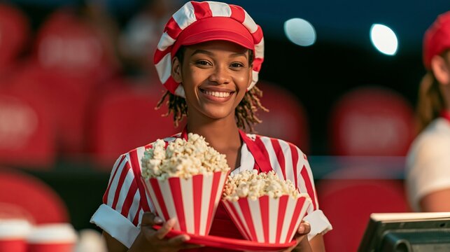 Smiling concession stand worker holding red and white striped buckets of popcorn at stadium