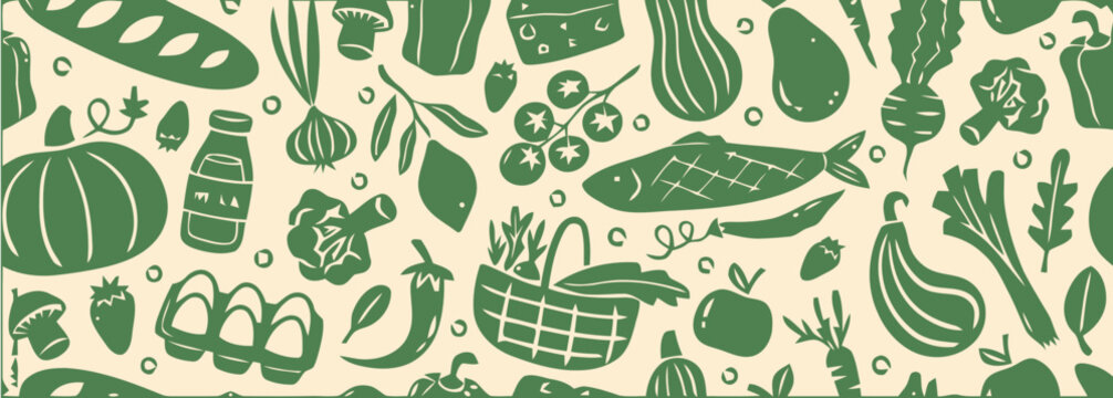 Seamless Vector Banner Featuring Linocut Style Farmers Market Produce Illustrations