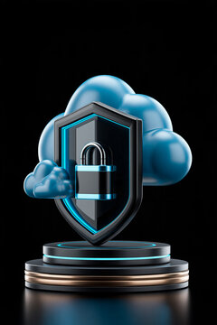 secure cloud computing concept with luminous shield and cloud icons, futuristic 3D illustration