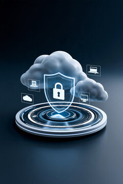 secure cloud computing concept with luminous shield and cloud icons, futuristic 3D illustration