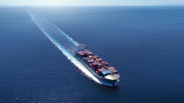 Aerial view of a lcontainer cargo ship sailing over the ocean with speed  by as a concept for industry and shipping