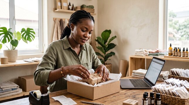 A Black woman with braided hair, wearing a muted olive green button-down, is shown carefully packing artisanal products into a kraft paper box at a rustic wooden desk. The scene is set in a bright, ai