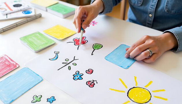 Child draws sun and houses with colorful crayons for creative play.