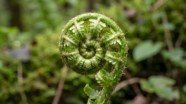 Closeup of a young fern frond unfurling in a spiral shape in a forest