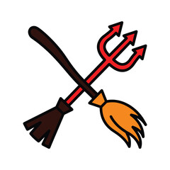Fototapeta premium Whimsical crossed broomstick and trident illustration capturing the essence of Halloween mischief and festive fright