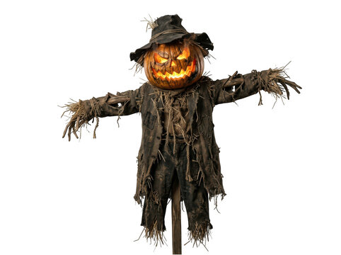 Scary pumpkin scarecrow with glowing face for halloween