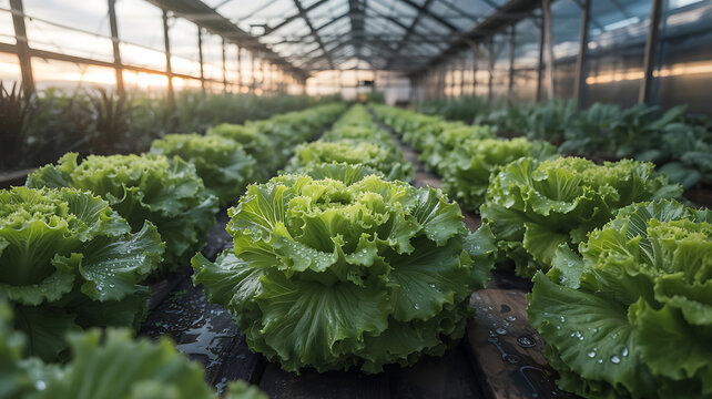 Fresh green lettuce growing in greenhouse, organic vegetable farming in glasshouse, sustainable agriculture and hydroponic garden produce