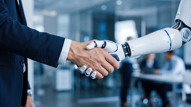 Businessman shaking hands with white robotic arm in modern office, artificial intelligence partnership, future technology collaboration, human robot interaction concept