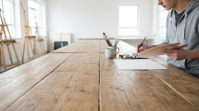 Young Student Painting on a Wooden Table in a Bright Art Studio