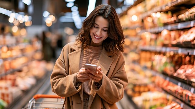 Young woman smiling while checking her smartphone in a grocery store aisle with blurred shelves