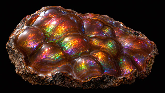 Fire agate iridescent copper red gold botryoidal chalcedony macro internal shimmer layered gem black velvet specimen science