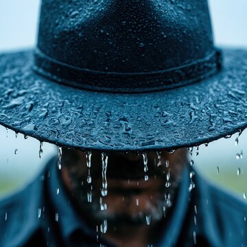 Man wearing hat with rain dripping down