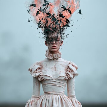Woman's mind exploding with birds and fire
