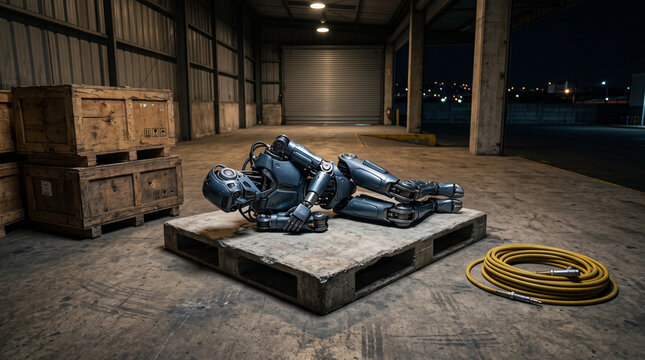 Humanoid Robot Resting on Concrete Pallet in Warehouse