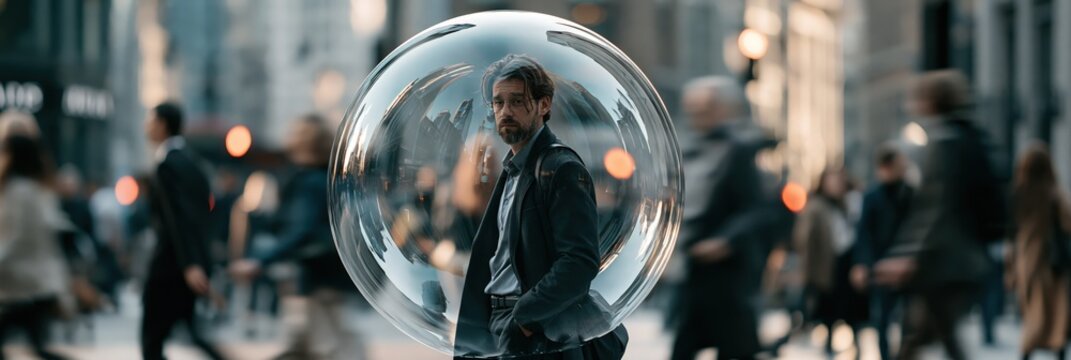 Man in a protective bubble finding personal space in a busy city street crowd, feeling isolated and alienated