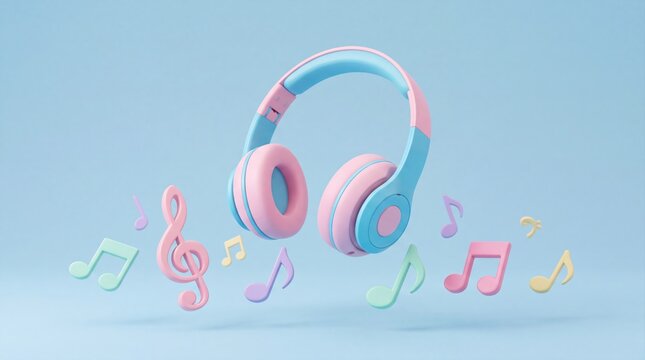 Modern wireless headphones floating with music notes in vibrant studio background