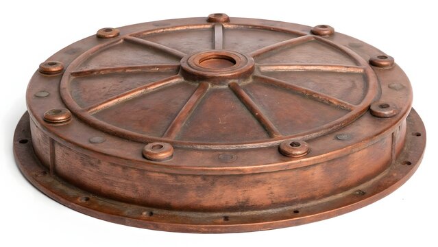 Circular bronze industrial cover with radial spokes and bolted perimeter flanges isolated on white.