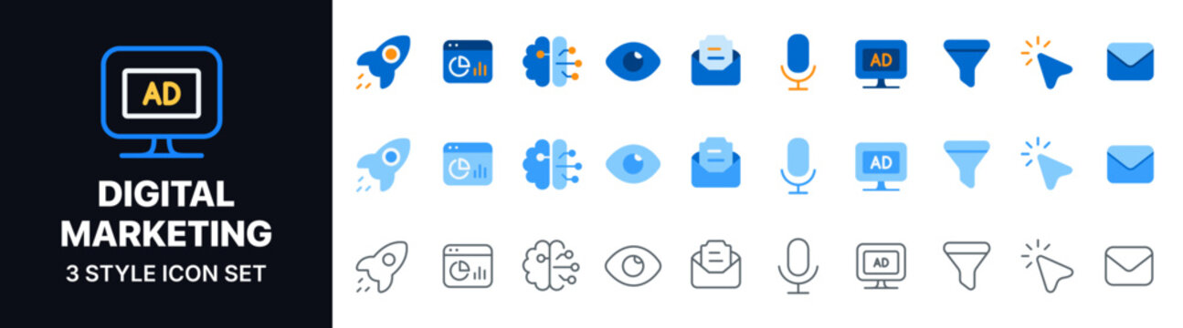 Digital Marketing 3 Style Icon Set with Marketing Funnel, Rocket, Email, Microphone, Advertising, Analytics, Click, Audience Engagement and Business Promotion Symbols in Blue Vector Design