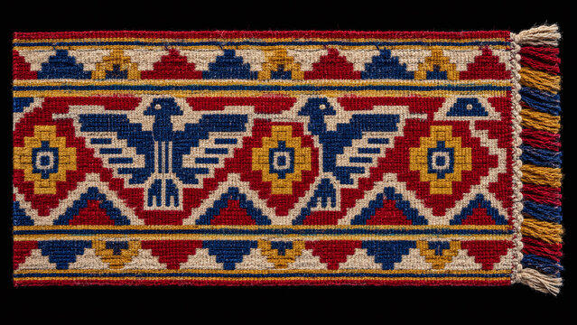 Andean handwoven textile macro alpaca wool chakana cross condor motif cochineal red indigo Peru craft museum quality illustration