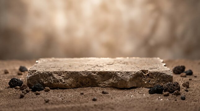 Monolithic rough travertine stone slab on earth ground with volcanic pebbles