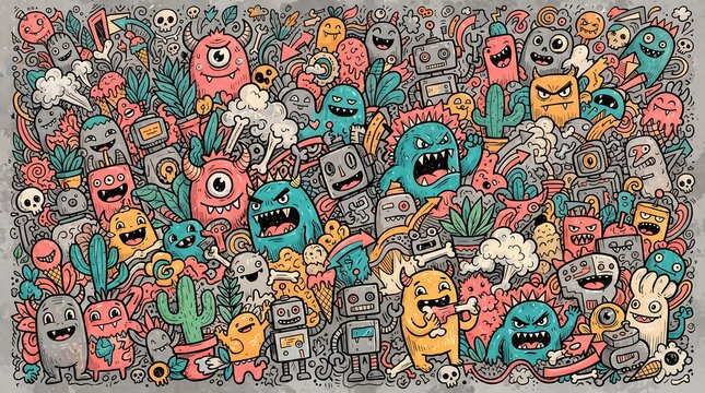 Colorful doodle monsters and quirky creatures hand drawn vector illustration with a playful and whimsical style