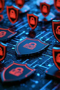 network security concept, blue data paths protected by multiple glowing shields, premium render