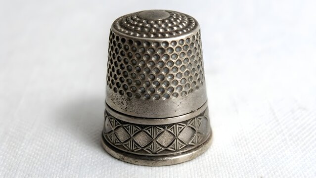 Metal sewing thimble standing upright on a textured white fabric surface with detailed dimpled patterns.
