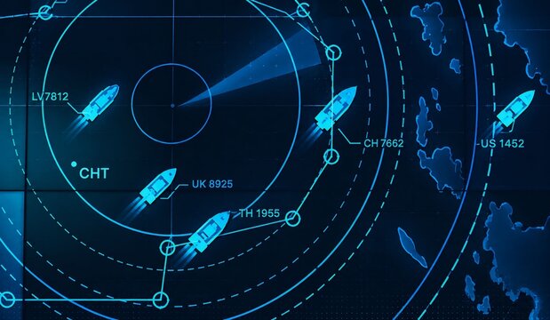 Digital radar screen display tracking maritime ship locations on a nautical map with maritime