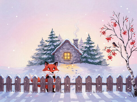 Watercolor winter landscape with a cozy stone cottage, pine trees, and a curious fox