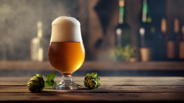 Craft Beer in a Glass with Foam and Hops on a Wooden Table Creating a Cozy Atmosphere for Brewing Enthusiasts and Beer Lovers. Generative AI