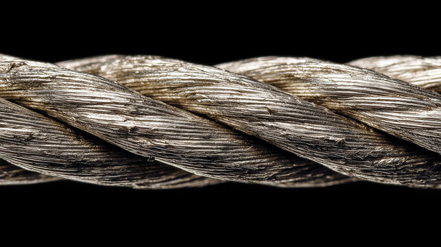 Close up of twisted steel wire rope cable on black background, industrial texture detail