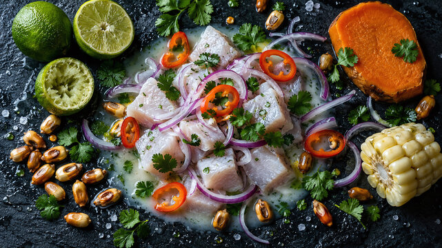Peruvian ceviche ingredients dark flatlay overhead sea bass lime aji amarillo red onion leche de tigre authentic cuisine food photo