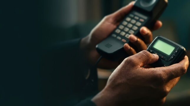 A pair of hands holds a landline phone in one hand and a pager in the other. The setting is dimly lit, highlighting the contrast between the two communication devices