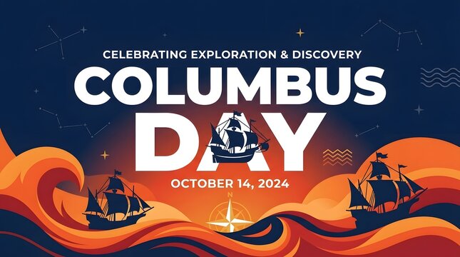 Columbus day 2024 banner with sailing ships, compass, and ocean waves, celebrating exploration and discovery in a stylized dark blue and orange design