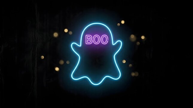 A glowing neon ghost sign with the word boo for a fun and spooky happy halloween celebration