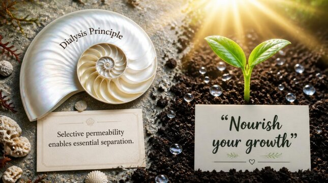 Cross-section of a pearlescent nautilus shell beside a green sprout growing in dark soil with sunlight, including cards about dialysis principle and selective permeability.