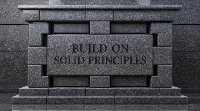 Symmetrical dark grey polished granite stone monument featuring engraved text Build On Solid Principles centered on a large rectangular block with architectural block textures.