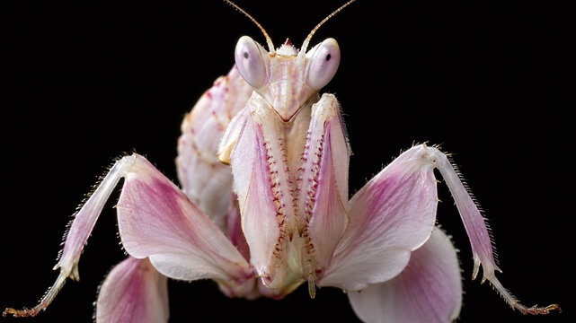 Orchid mantis macro petal like leg lobes compound eye raptorial forelimb pink white detail black background wildlife photography