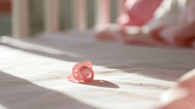 A cute pink pacifier lies on a soft white bedsheet inside a cozy baby crib illuminated by morning sunlight.