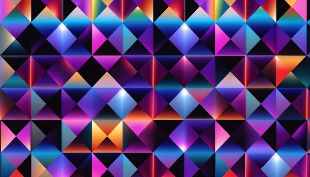 Abstract geometric background with repeating rainbow diamond shapes and glowing light effects
