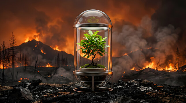 A small tree sapling grows protected inside a glass biodome, symbolizing hope and resilience amidst a raging forest fire, with a stark contrast between life and destruction.