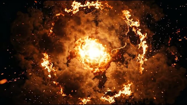 Abstract glowing ring of fire and thick smoke with deep black void with intense orange and red hues, cinematic visual effect for dramatic energy and t